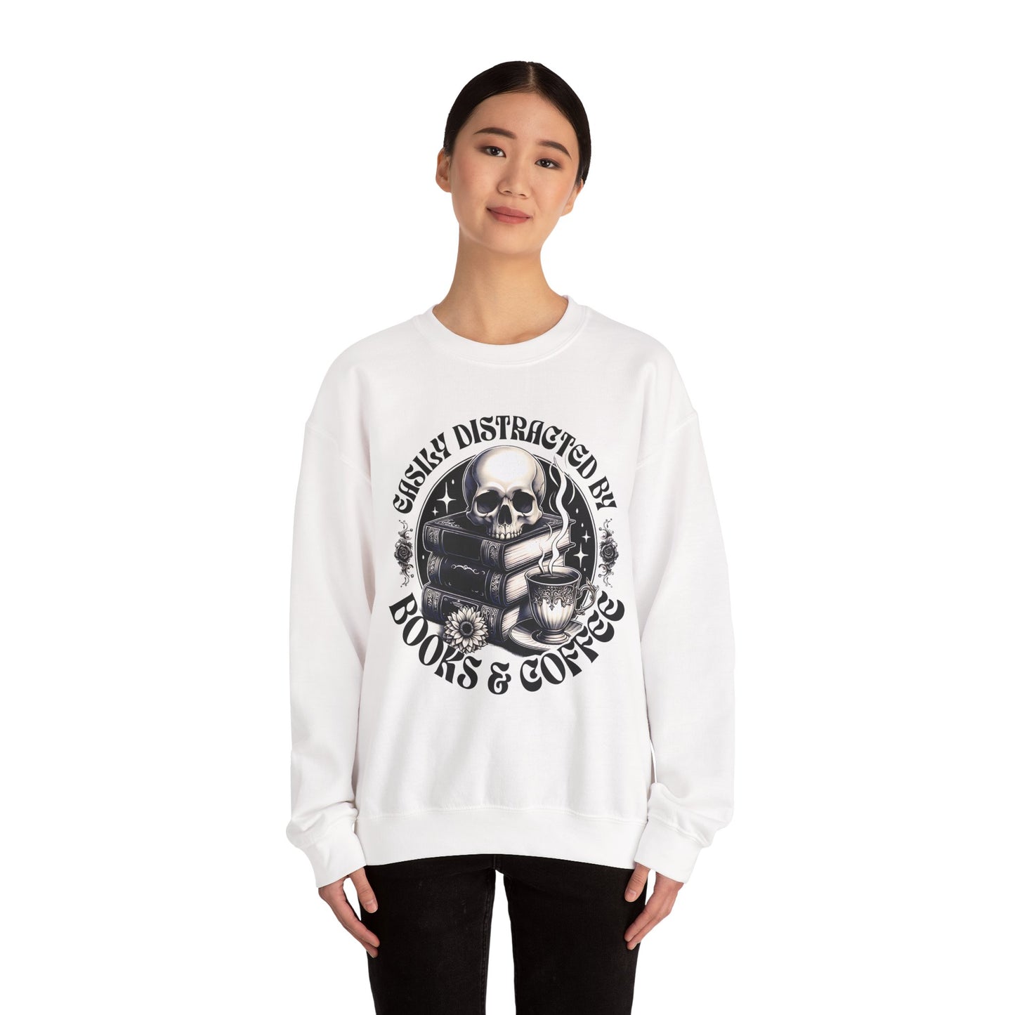 Easily Distracted by Books & Coffee Crewneck Sweatshirt S-5XL