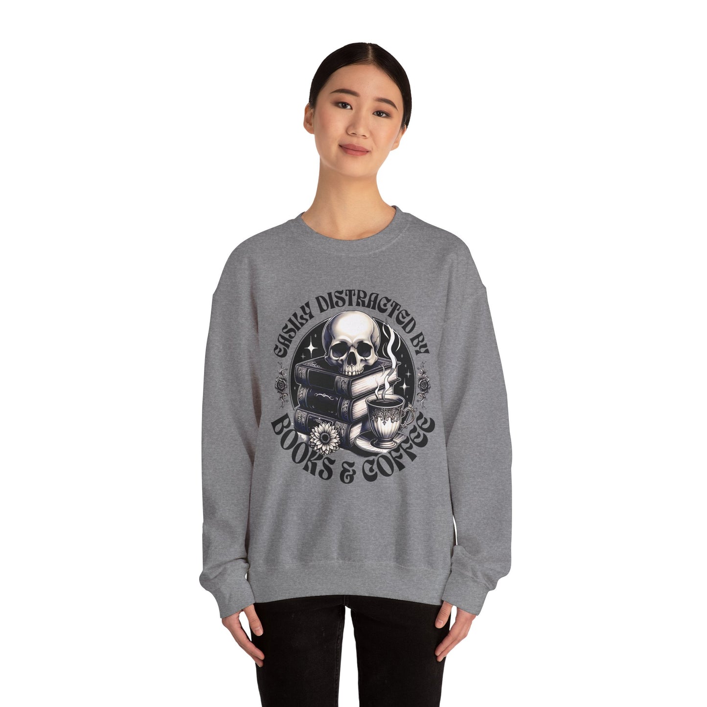 Easily Distracted by Books & Coffee Crewneck Sweatshirt S-5XL