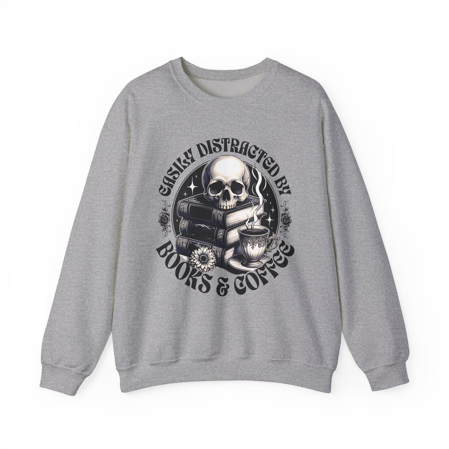 Easily Distracted by Books & Coffee Crewneck Sweatshirt S-5XL