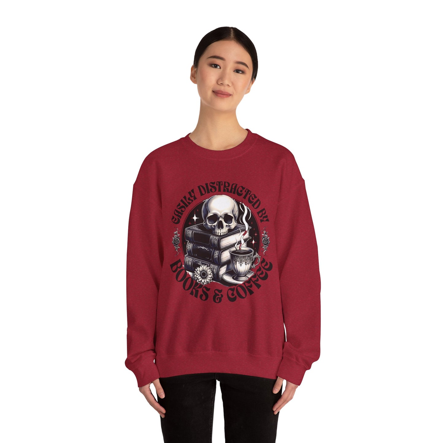 Easily Distracted by Books & Coffee Crewneck Sweatshirt S-5XL