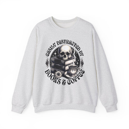 Easily Distracted by Books & Coffee Crewneck Sweatshirt S-5XL