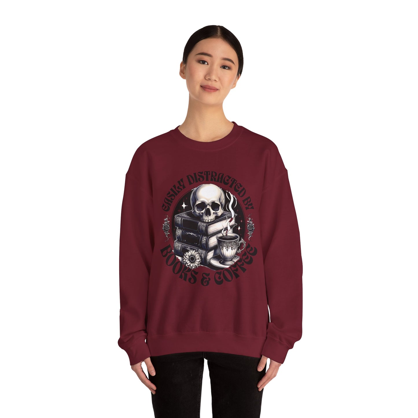 Easily Distracted by Books & Coffee Crewneck Sweatshirt S-5XL