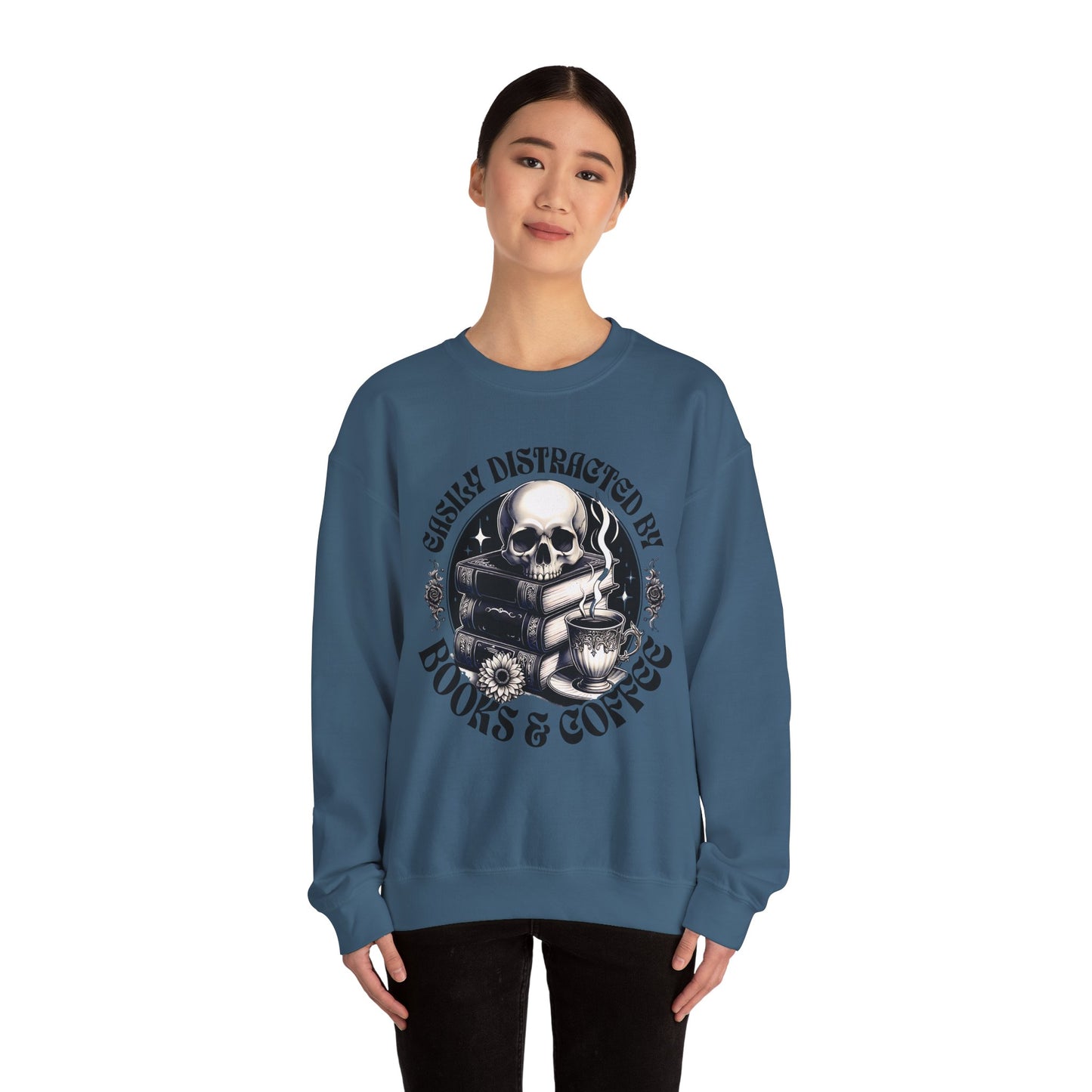Easily Distracted by Books & Coffee Crewneck Sweatshirt S-5XL
