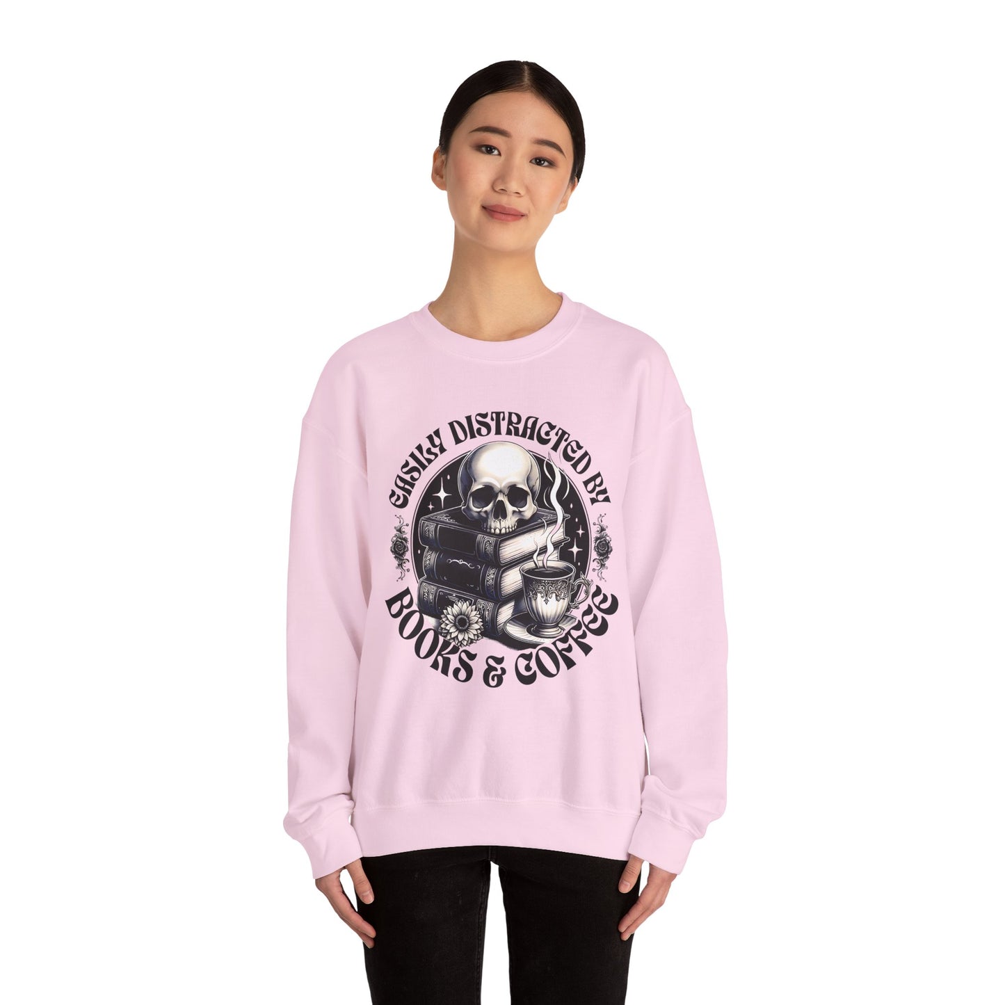 Easily Distracted by Books & Coffee Crewneck Sweatshirt S-5XL