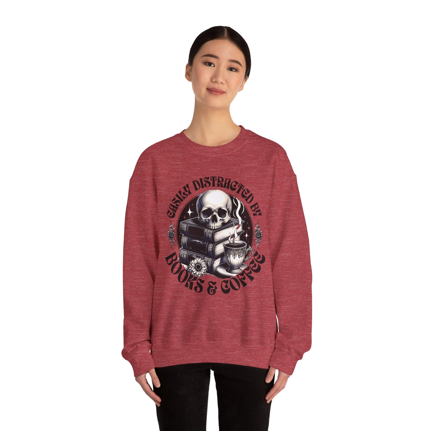 Easily Distracted by Books & Coffee Crewneck Sweatshirt S-5XL