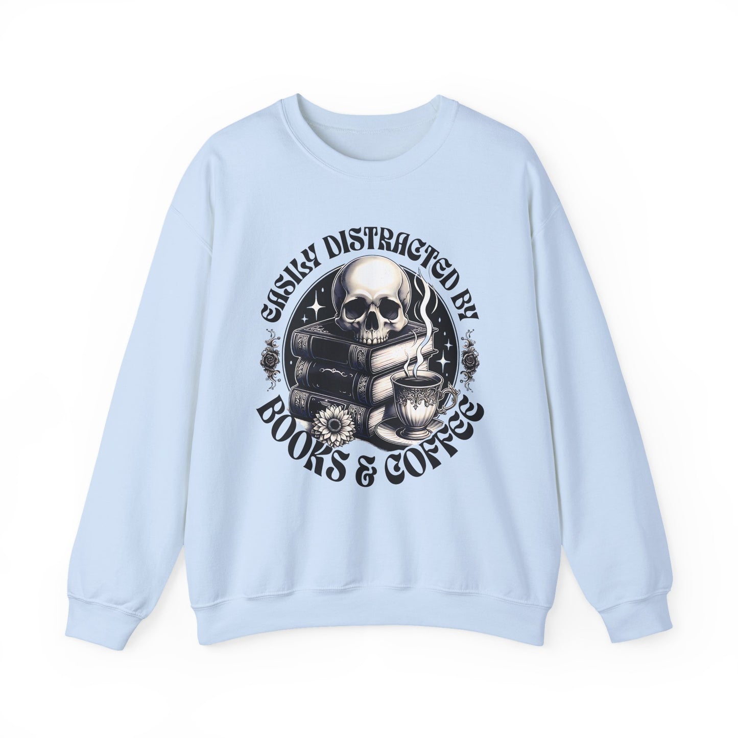 Easily Distracted by Books & Coffee Crewneck Sweatshirt S-5XL