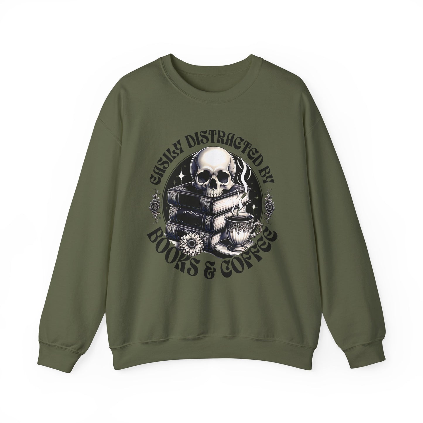 Easily Distracted by Books & Coffee Crewneck Sweatshirt S-5XL