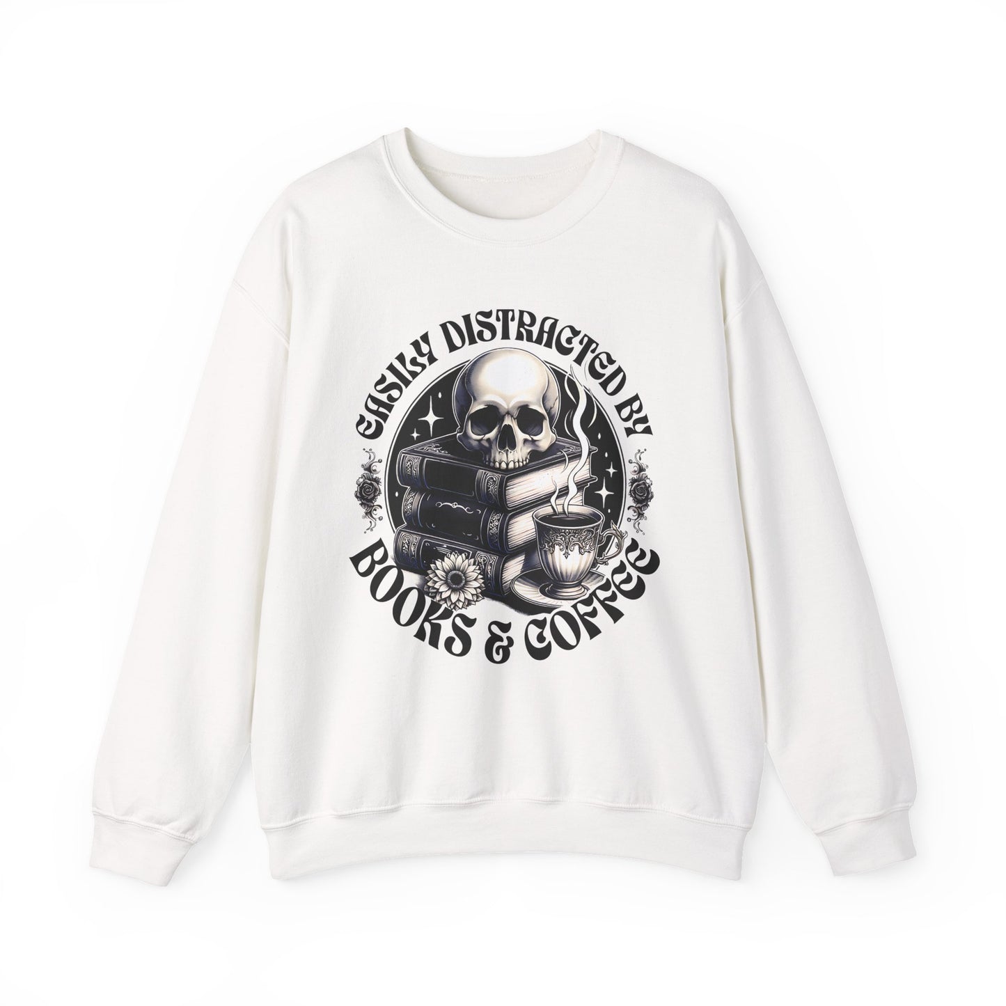 Easily Distracted by Books & Coffee Crewneck Sweatshirt S-5XL