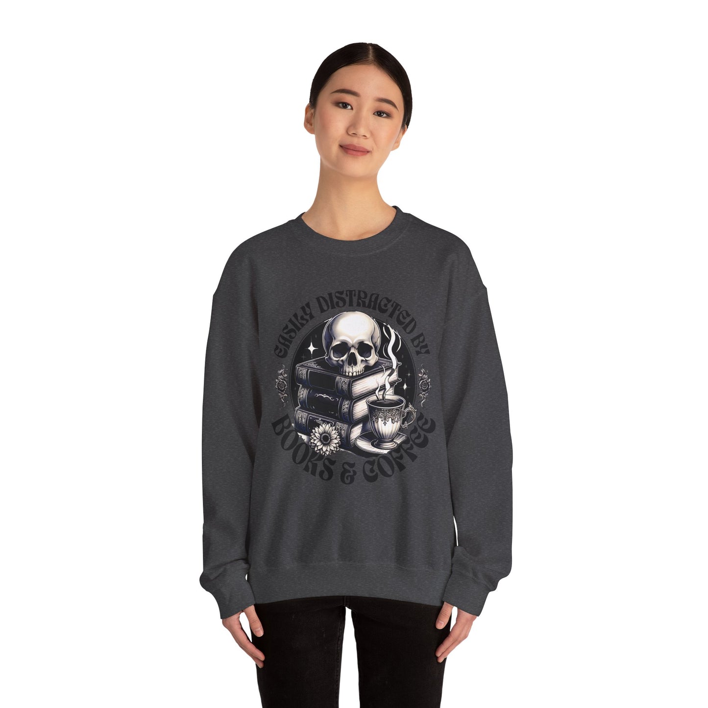 Easily Distracted by Books & Coffee Crewneck Sweatshirt S-5XL