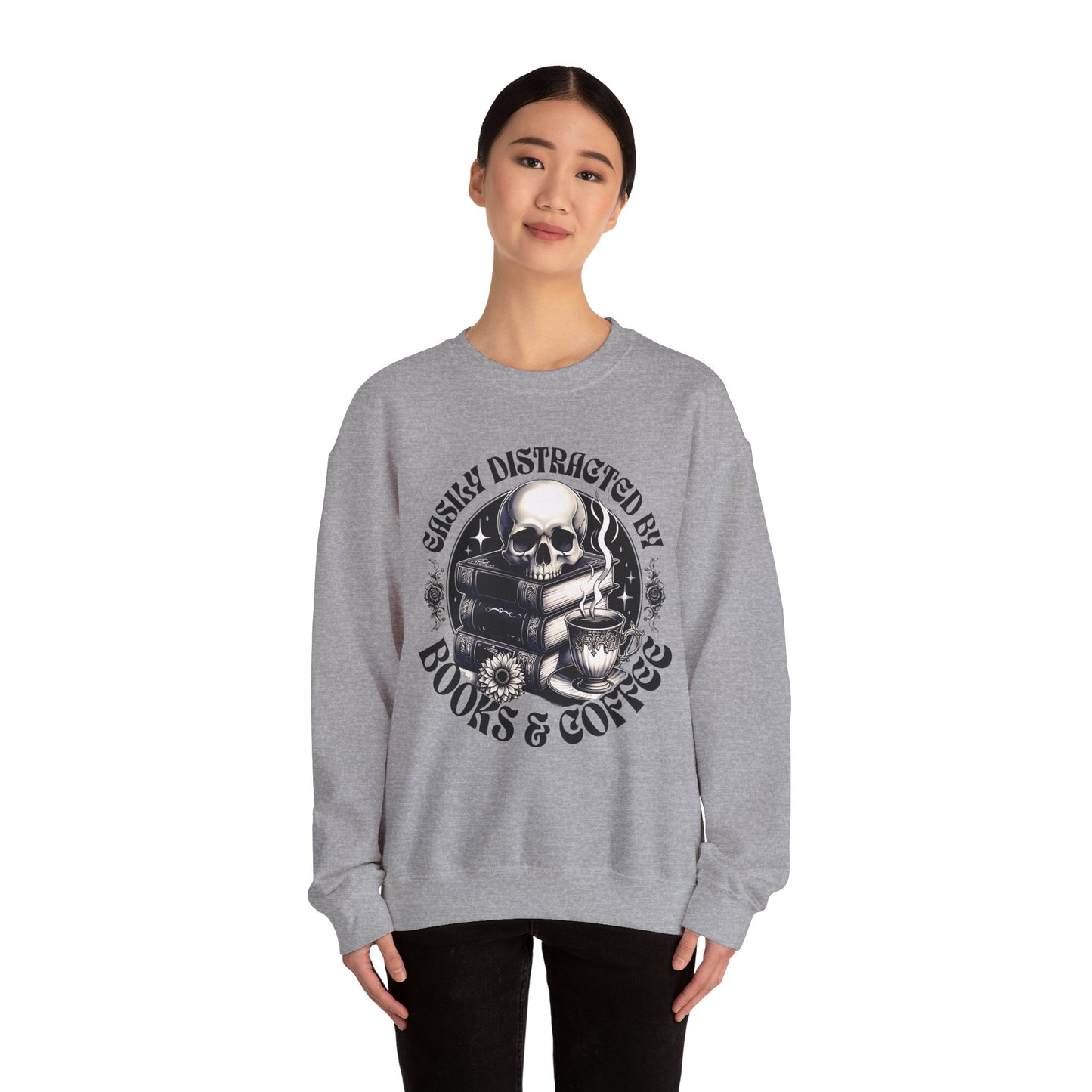 Easily Distracted by Books & Coffee Crewneck Sweatshirt S-5XL
