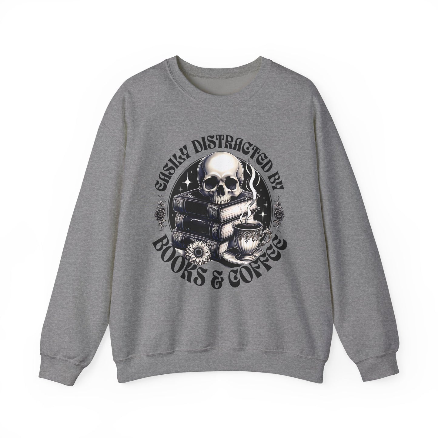 Easily Distracted by Books & Coffee Crewneck Sweatshirt S-5XL