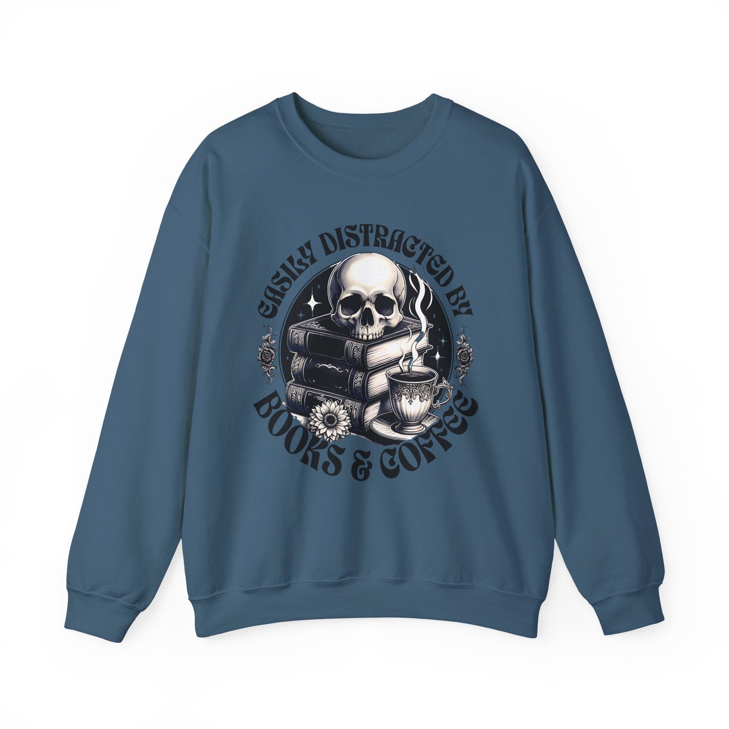 Easily Distracted by Books & Coffee Crewneck Sweatshirt S-5XL