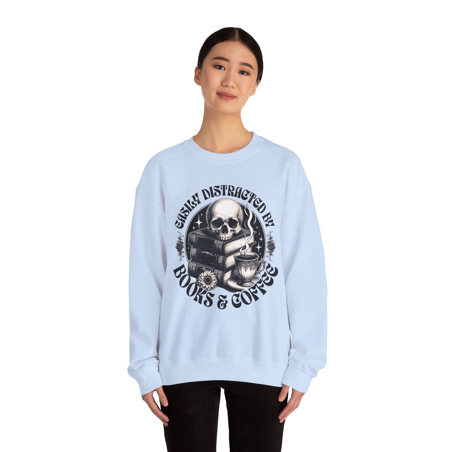 Easily Distracted by Books & Coffee Crewneck Sweatshirt S-5XL