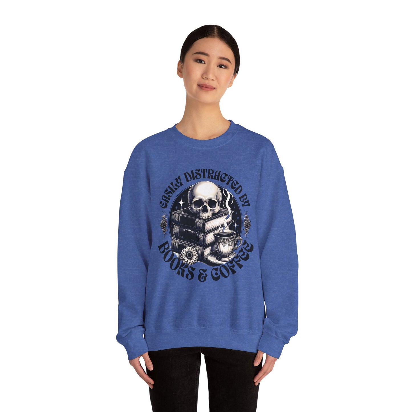Easily Distracted by Books & Coffee Crewneck Sweatshirt S-5XL