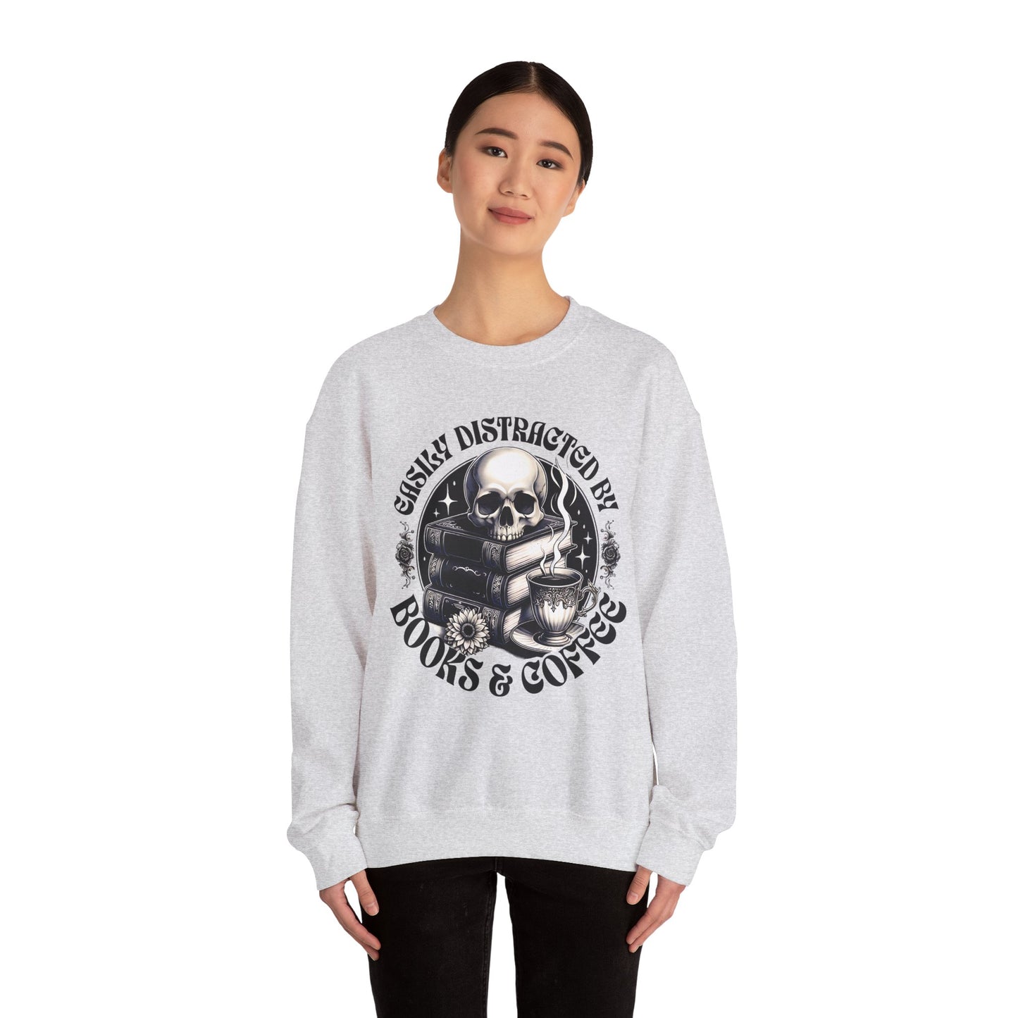 Easily Distracted by Books & Coffee Crewneck Sweatshirt S-5XL