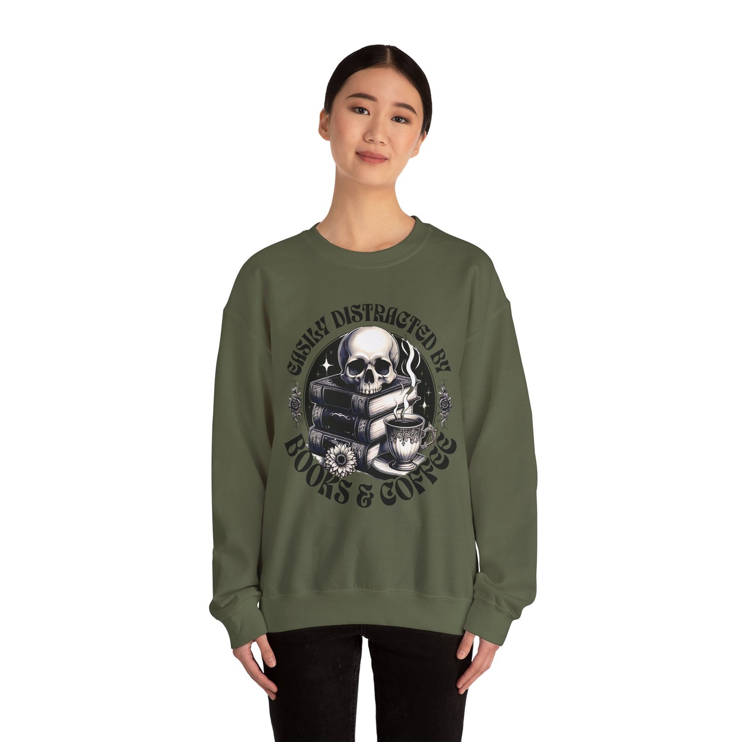Easily Distracted by Books & Coffee Crewneck Sweatshirt S-5XL